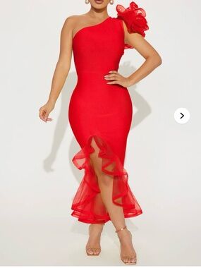 One-Shoulder Red Ruffle-Hem Cocktail Dress Large